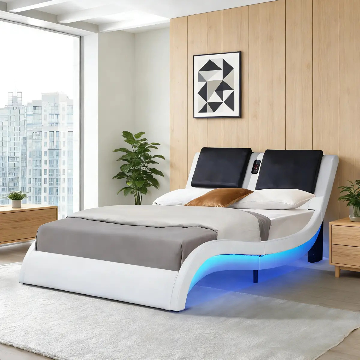 [Bellemave](2 packages)Faux Leather Upholstered Platform Bed Frame with led lighting, Bluetooth connection to play music control, Backrest vibration massage, Curve Design, Wood Slat Support, No Box Spring Needed, Queen On-Site   RR