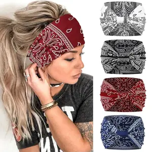 Black Paisley Printed Boho Turban Headbands - 4 Pack Wide Non-Slip Knotted Hair Accessories for Women, Yoga, Summer