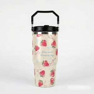 Mother's Day Gift - Cute Strawberry Pattern 30oz Insulated Tumbler with Handle & Straw, Stainless Steel Vacuum Cup for Mom, Wife, Daughter