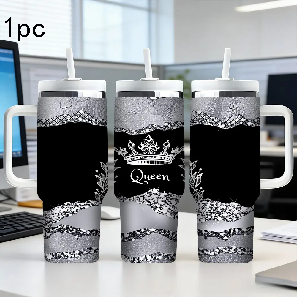 40oz/33oz/32oz/30oz/20oz/18oz/17oz/10.5oz Queen Stainless Steel Insulated Tumbler Drinkware | Stainless Steel Tumblers Insulated Tumbler Cup | Silver Glitter Crown Print Aesthetic | Keep Drinks Hot/Cold All Day! Perfect Luxury Gift for Her