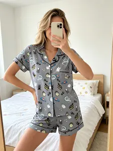 Cartoon Pattern Women's Pajama Set, Comfortable Two-Piece Sleepwear, Short Sleeve Button-Up Top and Elastic Shorts, Casual Home Wear
