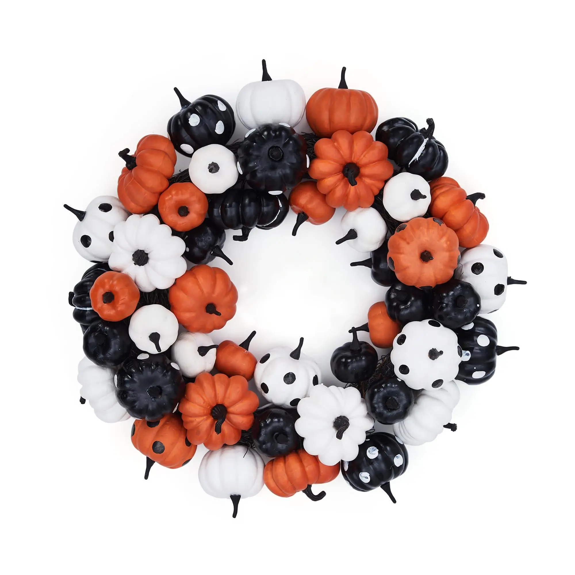 GARVEE Halloween Pumpkin Wreath, 18 Inch Fall Wreath for Front Door with Orange, Black and White Pumpkins, Rattan Bottom Thanksgiving Indoor Outdoor Home Party Decor