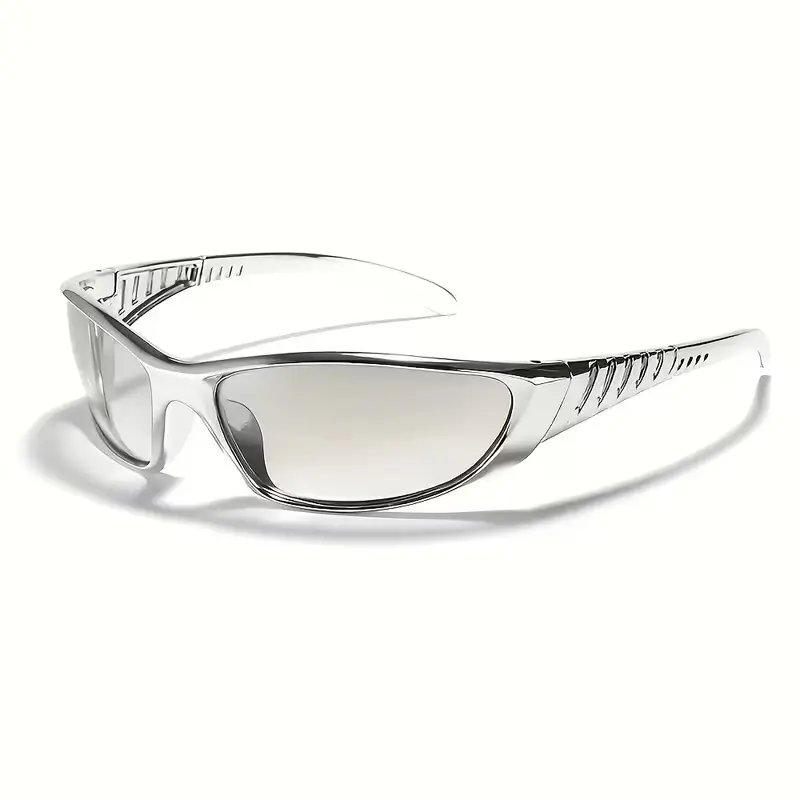 Unisex Narrow Wraparound Sport Sunglasses, Gloss Silver Full Frame, Reflective Mirror Lens, Anti-Glare Eyewear for Cycling, Driving