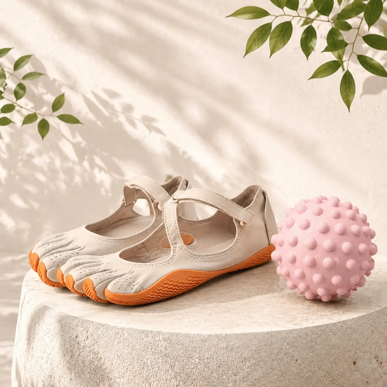 Cream Beige Adjustable Cross Strap Five Toe Barefoot Yoga Shoes Anti Slip Orange Sole Breathable Minimalist Training Footwear for Pilates Dance Beach