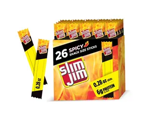 Slim Jim Smoked Meat Sticks, Spicy Flavor, 6g Protein Per Serving, Snack Size, Father's Day Snack Gift for Dad, 0.28 oz. (26 Count)