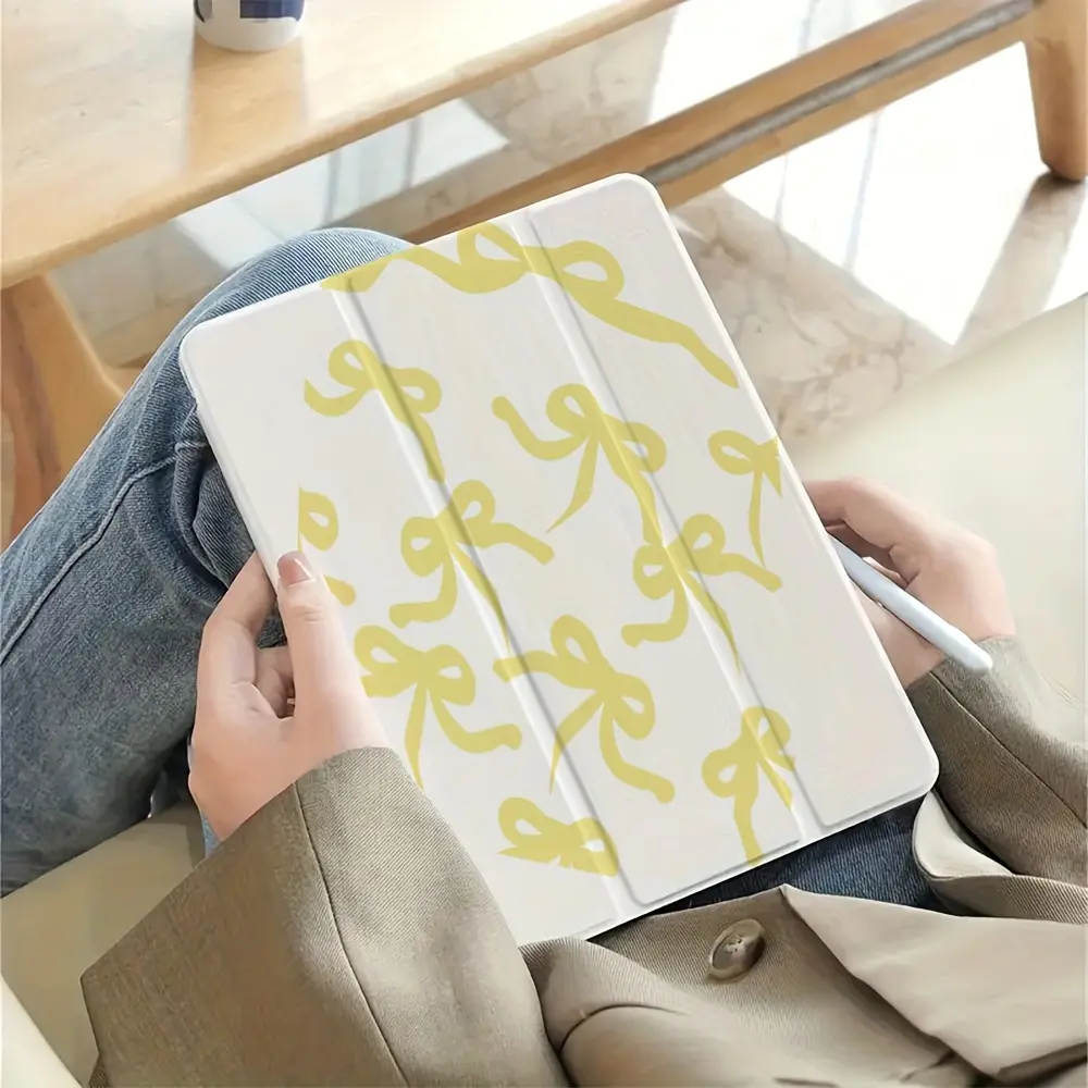 Yellow Bowknot  Flip Stand Pen Slot Shockproof iPad Case for iPad Air 4th/Air 5th 10.9inch 7/8/9th 10.2inch 5th Generation/6th Generation/Air 1/Air 2 9.7inch Computer Tablet Plastic Flexible Hybrid Protective Cover Protection Casing