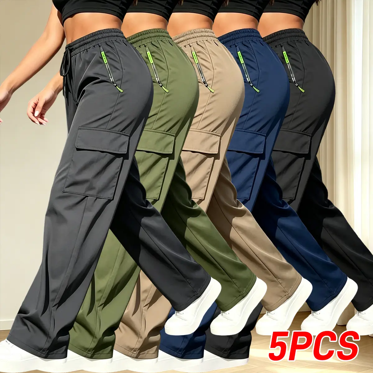 Women's Solid-Color Casual Cargo Pants 5-Piece Set - Lightweight, Breathable, Mid-Waist, Elastic Waistband with Drawstring, Large Pockets, Streetwear Full-Length Pants for Spring & Autumn Everyday Outings