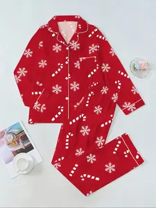 Women's Christmas Print Pajama Set, Long Sleeve Lapel Design Button, Soft Breathable Fabric, Holiday Casual Wear, Winter Home Loungewear