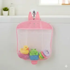 Portable Hanging Bath Toy Storage Net - Foldable Waterproof Organizer, Large Capacity No Drill Shower Basket for Kids Bathroom Organization, Net Bag