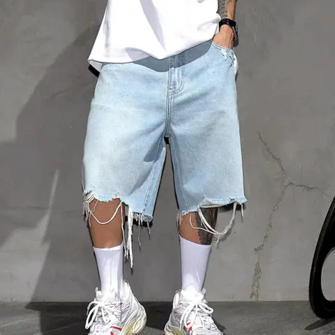 Men's Solid Color Ripped Denim Flat Front Shorts Styled Jorts, Loose Casual Fashion Comfy Shorts for Daily Outdoor Wear, Mens Bottoms for All Seasons