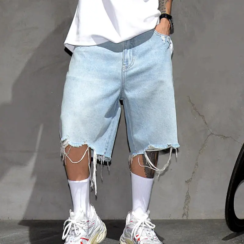 Men's Solid Color Ripped Denim Flat Front Shorts Styled Jorts, Loose Casual Fashion Comfy Shorts for Daily Outdoor Wear, Mens Bottoms for All Seasons