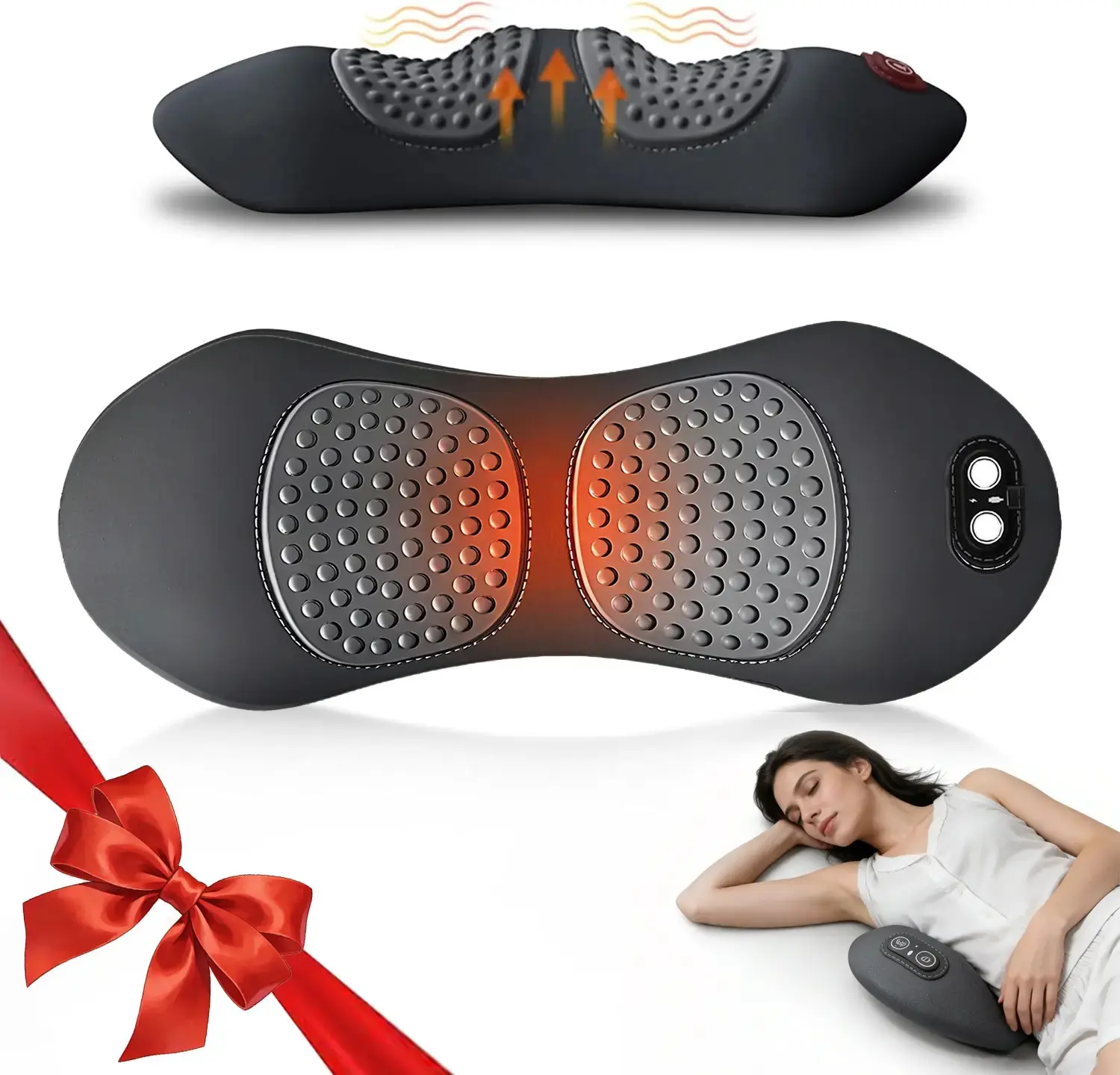 Eaone 3-in-1 Electric Heat Massage Pillow - Rechargeable Deep Tissue Device with Memory Foam Curved Bolster, Adjustable Height Back Support for Bed & Chair, Black (Plug-In)