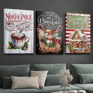 3-Piece Framed Canvas And Poster Set, Ready To Hang, Christmas Fashion Decoration, Coffee Snowman Gingerbread House, Home Decor, Wall Art, Room Decoration, High-Definition Printing, Ideal Gift, Living Room, Bedroom, Dining Room, Office Decoration