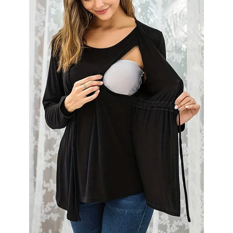 Maternity Long Sleeve Nursing Top, Elegant Burgundy Round Neck Blouse in a Stretchy Polyester Blend with a Hidden Side Opening