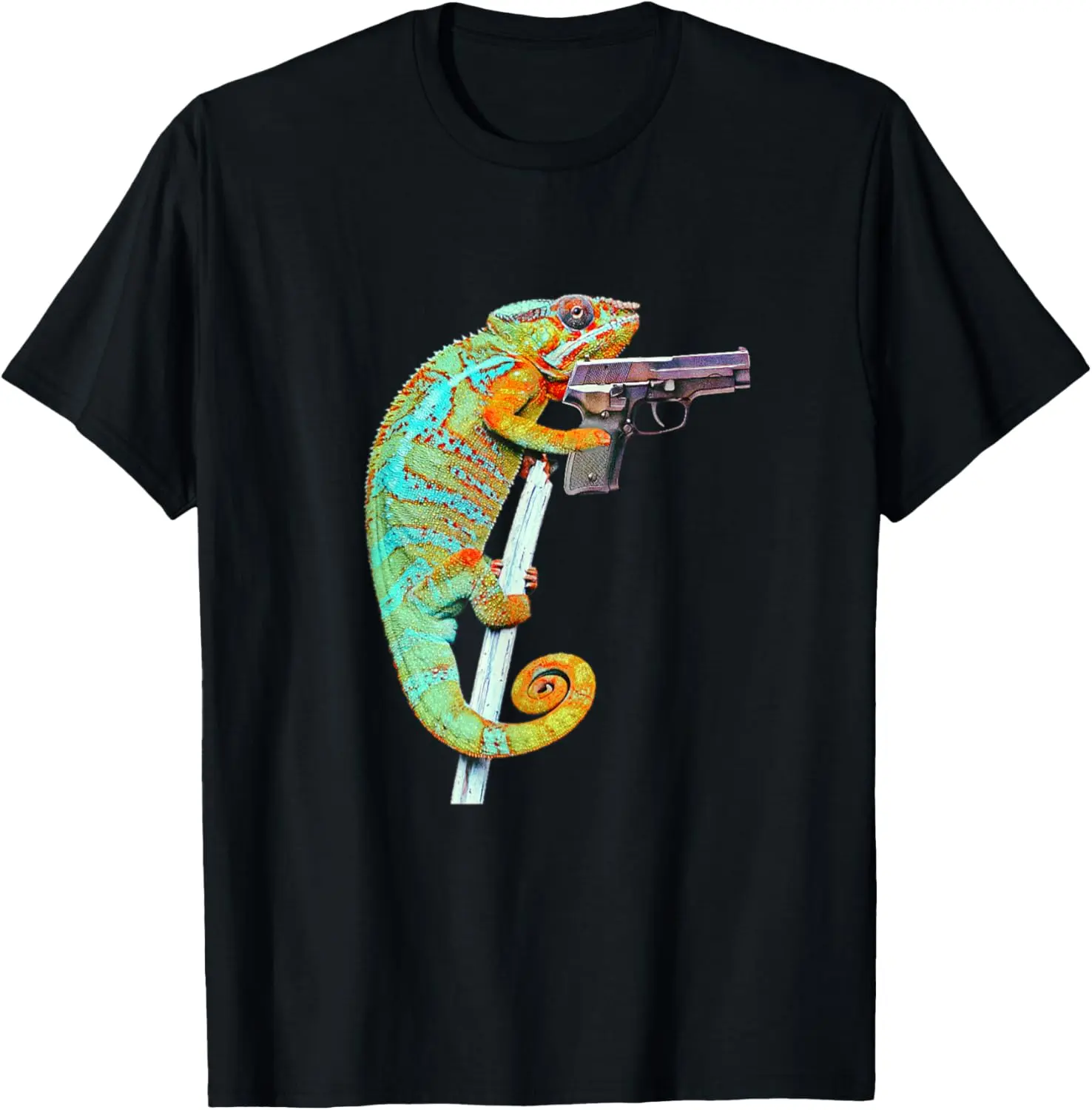 100% Cotton Chameleon With Gun Funny Lizard Reptile Lover T-Shirt