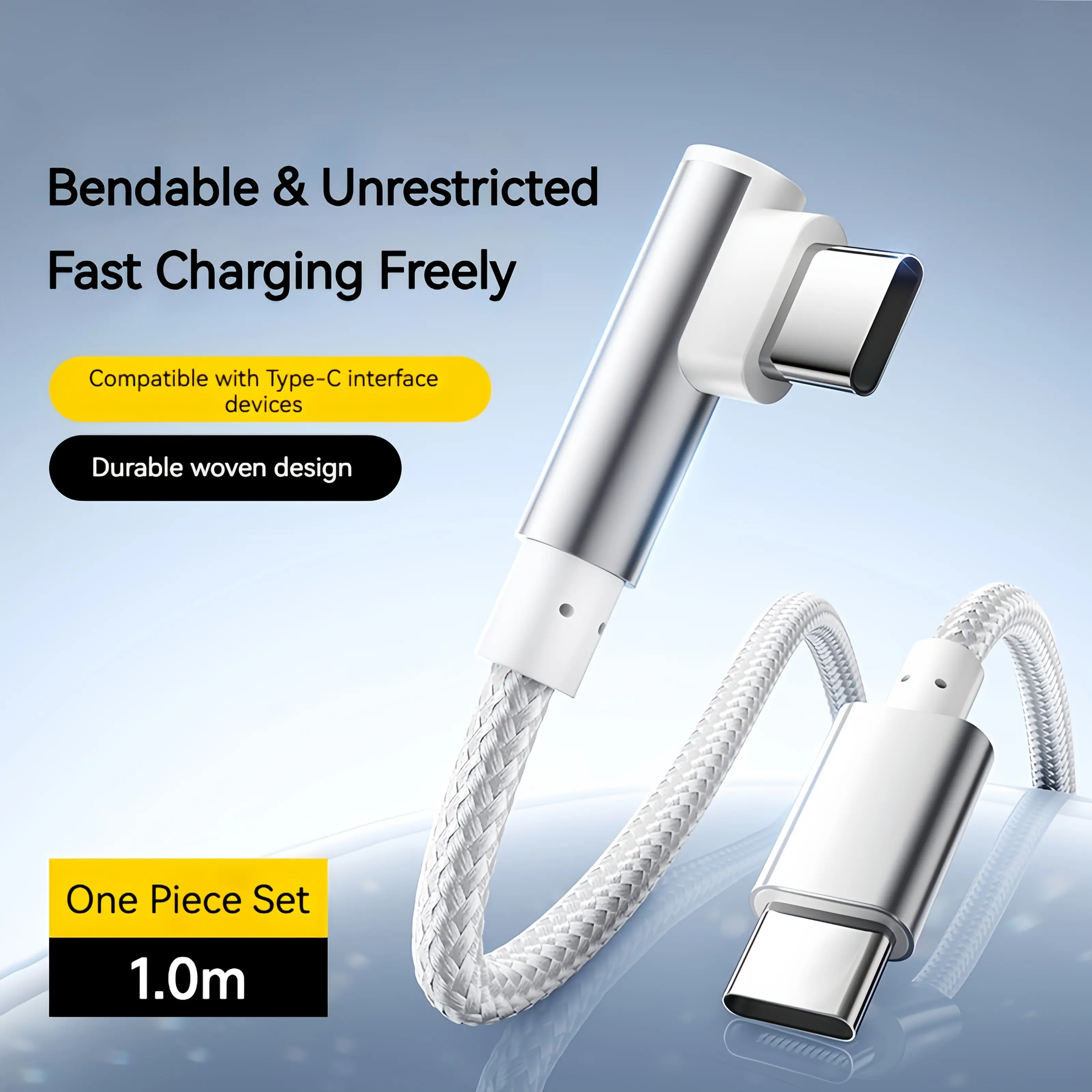 100W Braided Elbow Fast Charging Cable, Dual Type-C, Gaming-Friendly No Hand Block Design, Compatible with Android and iPhone 15-17