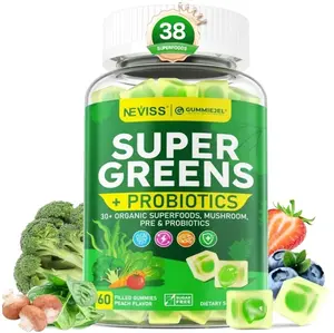 Organic Super Greens Daily Superfood Gummies + Probiotics, Spirulina, Chlorella Spinach Broccoli, Prebiotic Fiber, Mushroom -Rich in Vitamins - Adults & Teens Digestive, Focus, Energy, No Sugar, 60Cts