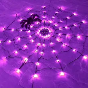 FUNPENY Halloween 80 LED Spider Web Lights with Spider, Battery Powered 8 Modes Light up Cobweb Halloween Decorations for Indoor Ourdoor Garden Yard Home Patio (Purple) Set Spooky