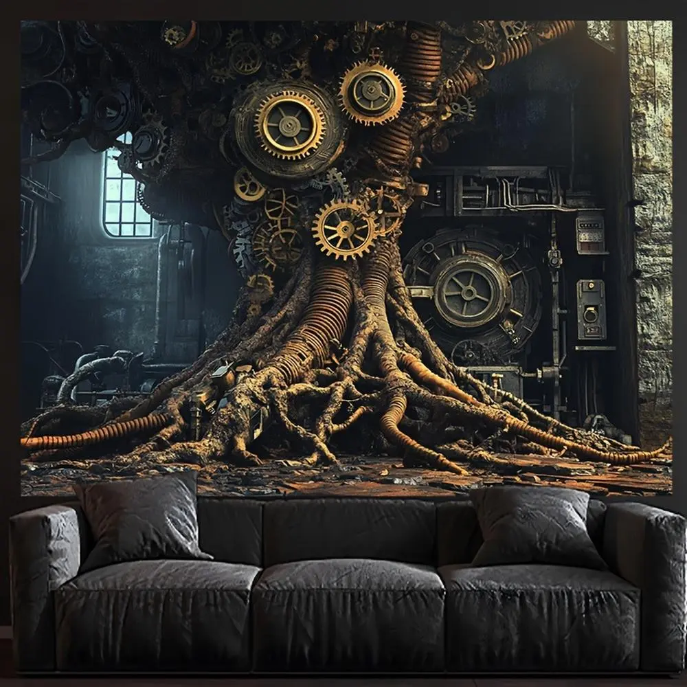 1pc Large 2D Flat Steampunk Gear Tree Polyester Tapestry - Industrial Glam Durable Design, Intricate Mechanical Roots, Indoor Home Decor for Living Room