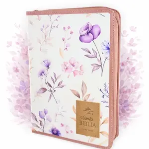 Biblia con Cierre Portátil Letra Grande 12 puntos RV1960, imit piel flores blanco con índice y canto floral