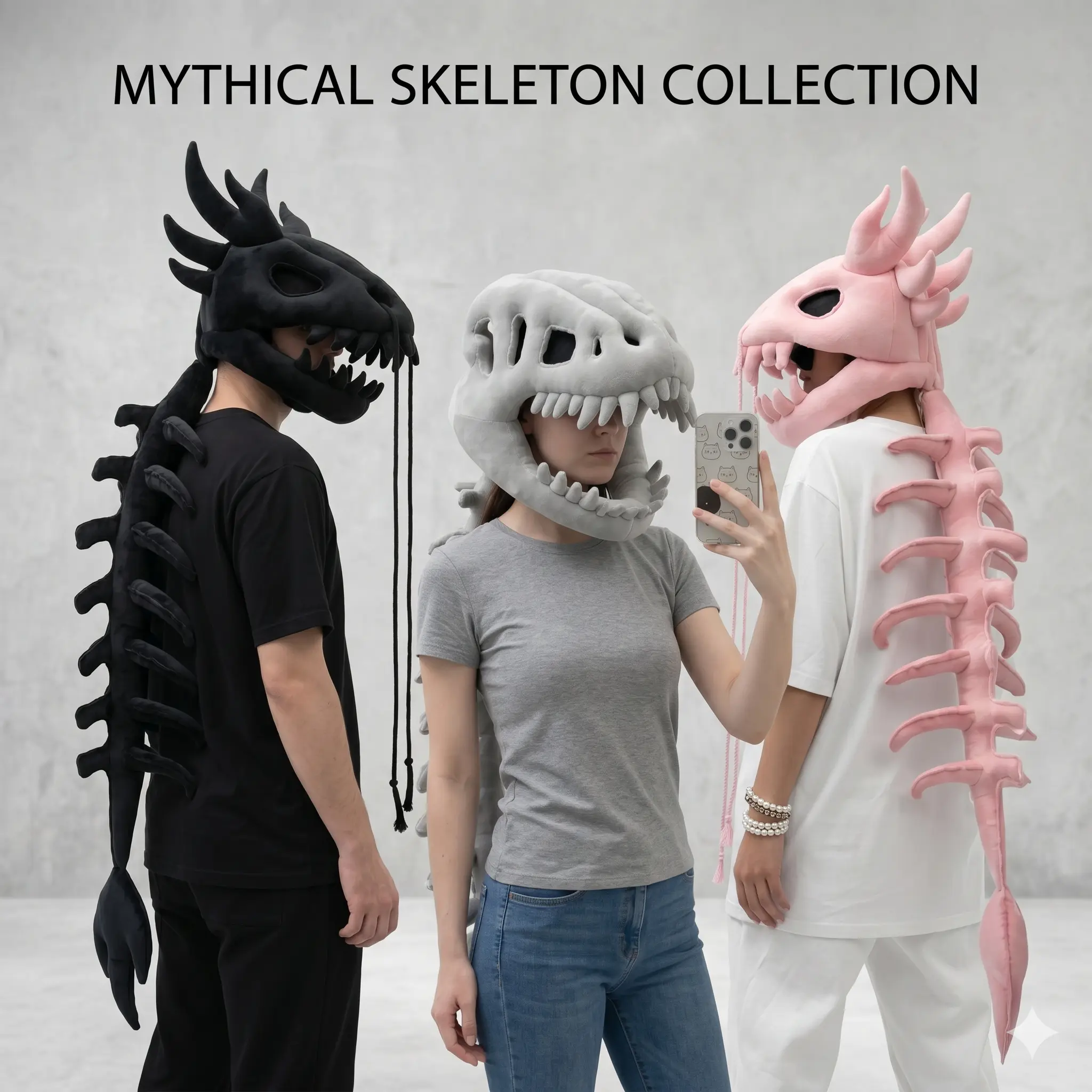 Dinosaur & Dragon Skeleton Costume for Kids & Adults, Wearable 3D Plush Skull Headpiece with Attached Spine & Tail, Family Halloween Dress-Up, Party Props, Themed Headwear, Novelty
