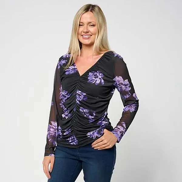 Colleen Lopez Printed Ruched Mesh Knit Top