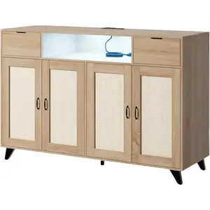 2 Drawer 2 Door Sideboard Cabinet with LED Lights Power Outlet Iron MDF Storage Console Table with Adjustable Shelves for Dining Room Living Room Hallway Natural