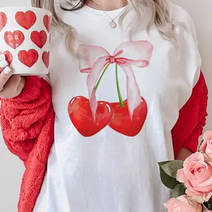Cherry Valentine T-Shirt coquette Heart Valentine Tee Red Heart Tee Bow and Cherry Tshirt Womens Valentine T-Shirt Love Tee Red Cherry Hearts Tshirt Valentine Tee Comfort Fabric Top Womenswear