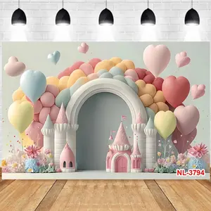 Photography Background Heart Balloons Castle Floral Decor Childlike Scene Children's Birthday Party Photo Studio Backdrop