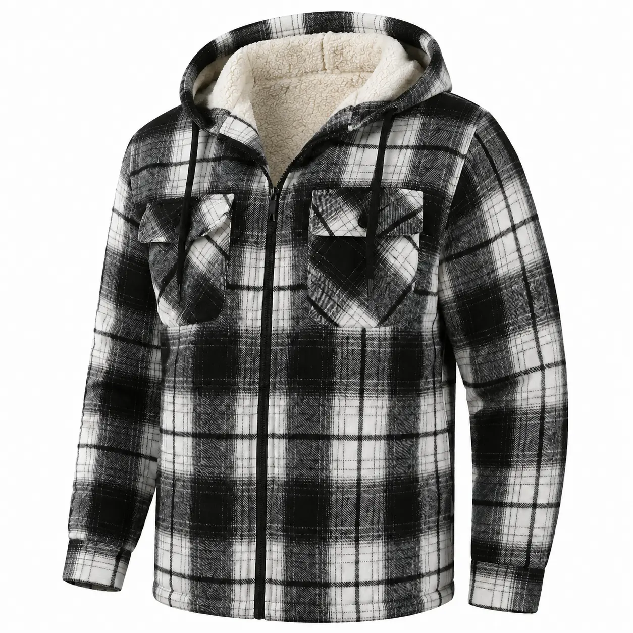 ZITY Heavy Thick Hoodies for Men Plaid Flannel Warm Sherpa Fleece Lined Winter Full Zip Up Coat Men's Shearling Lined Hooded Coat Classic Menswear