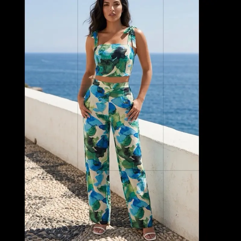 Women's Salvy Trendy Floral Print 2-Piece Suits - Crop Top & Loose-Fitting Wide Leg Pants, Breathable, Stylish, Ideal for Summer, from Love Skirt Boutique