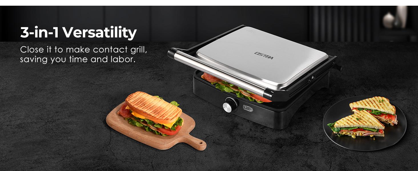 OSTBA Panini Press Grill with Adjustable Temperature 4-Slice Indoor Grill 180° Open Sandwich Maker Non-Stick Plates Stainless Steel 1200W Cast Aluminum Panini Press