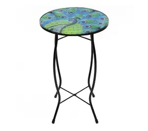 Northlight 19" Blue and Green Peacock Glass Patio Side Table