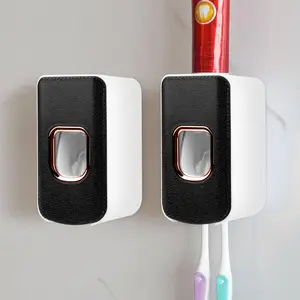 Wall Mounted Automatic Toothpaste Dispenser and Toothbrush Holder, Self Adhesive Shower Organizer with Toothbrush Slots and Cover for Bathroom Supplies