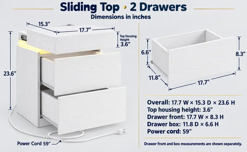 LIKIMIO Nightstand with Charging Station & LED Lights, Modern Bedside Table with 2- or 3-Drawer Options, Sliding Top, Standard Top or Lockable Top Drawer, End Table for Bedroom & Small Spaces Nightstand With Drawers