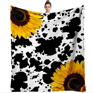 270G Thick Flannel Blanket Sunflower and Cow Print Pattern Soft Warm Coral Fleece Throw Blanket for Bedroom Living Room Sofa Winter Warm Bedspread Office Nap Blanket Flannel Fleece Blankets Multiple Sizes Available