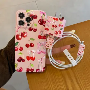 5-Piece Cherry Bow Phone Case Set, Includes Charger Cover & Cable Protector, Anti-Drop Protection Protective Tpu Shell for iPhone Models, Perfect Gift