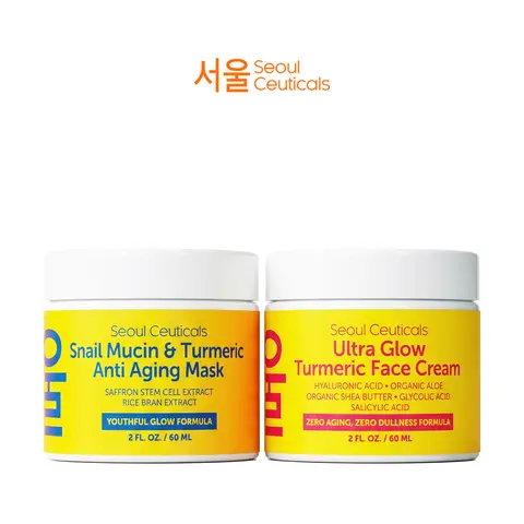 Turmeric Power Duo - K Beauty Korean Skincare Ultra Glow Turmeric Face Cream & Snail Mucin Turmeric Anti Aging Mask, Natural Moisture With Hyaluronic Acid Salicylic Acid Shea Butter Saffron Stem Cell Extract