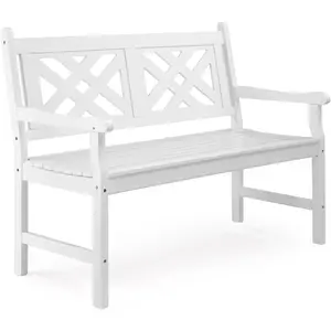 【Father's Day Gift】Outvita 47" Outdoor Wood Bench, Weatehr Resistant Wooden Garden Patio Bench with Comfortable Backrest & Curved Armrest, 800lb Capacity Loveseat for Front Porch Park Yard Deck (White, Geometric) Summervibes
