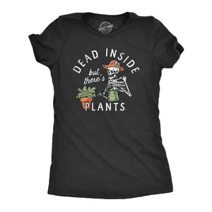 Womens Dead Inside But Theres Plants T Shirt Funny Sad Skeleton House Plant Lovers Tee for Ladies Funny Womens T Shirts Cute Vintage Fashion Casual Ladies T-Shirt Gift Funny mental health Top Women's Novelty Black -