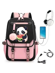 Cute Panda Watermelon Backpack for Girls, Large Capacity School Bag with USB Charging Port, Anti-Theft Travel Laptop Backpack, Kawaii Bookbag for Teen Students and Daily Use