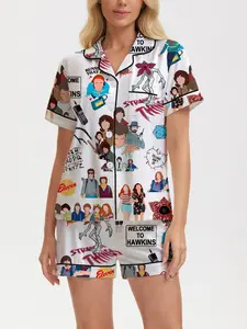 This 2-piece Stranger Things printed women's pajama set, short-sleeved collared button-down soft top and loose stretch shorts, perfect for holidays, parties, or casual outdoor wear. Comfortable and casual Loungewear