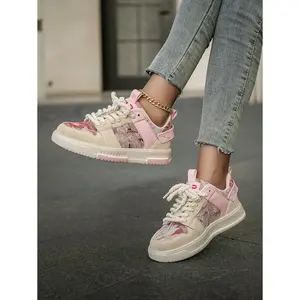 Women's Pink Fashionable Patchwork Low Top Sneakers, Casual Comfortable Sports Shoes for Daily Wear, Female All-match Round Toe Trainer for Daily Wear, Trending Sneakers