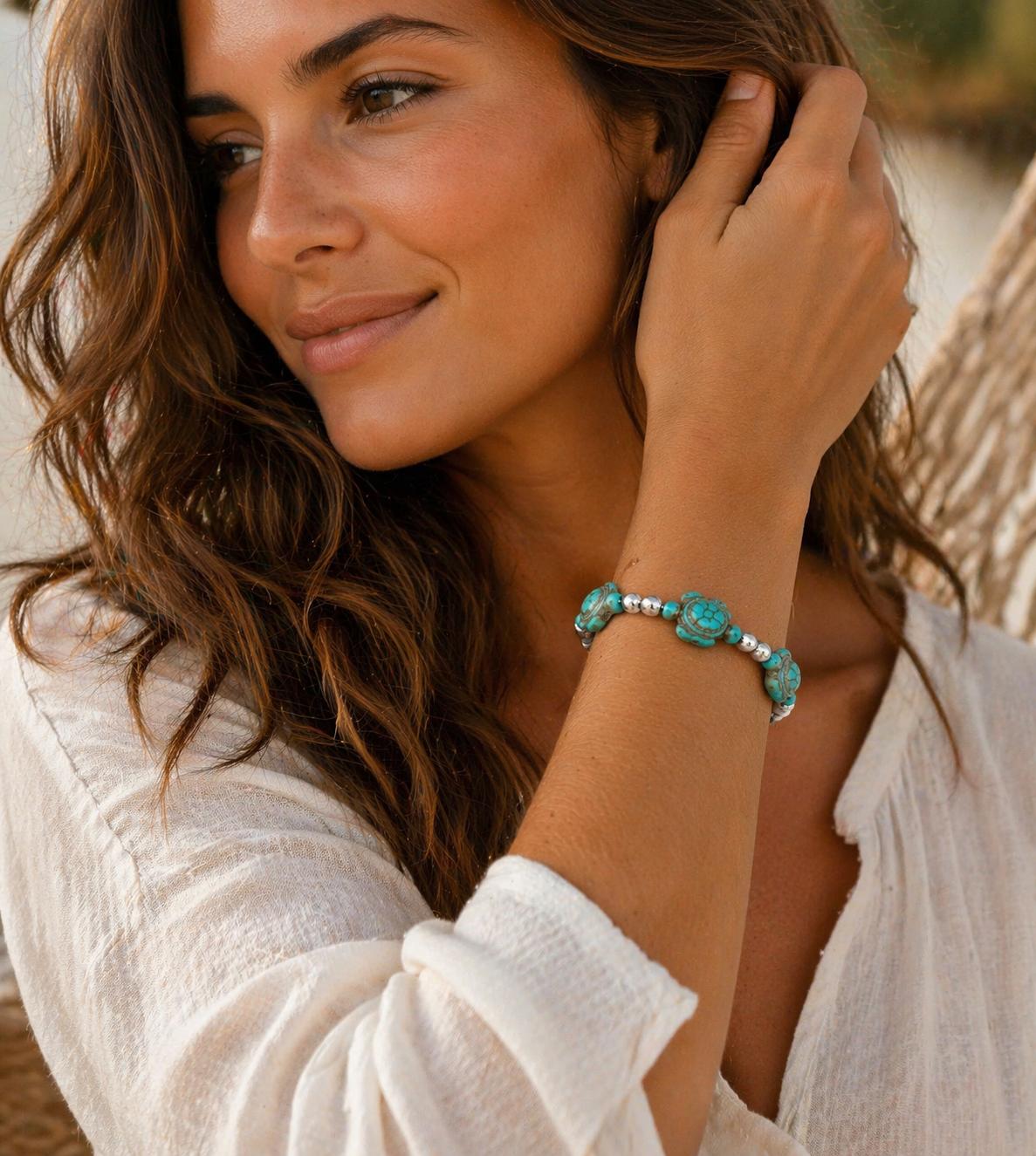 Sea Turtle Beaded Bracelet Anklet Adjustable 7.5-9” Unisex Ocean Jewelry Silver Turtle Charm Colorful Beach Bracelet Anklet