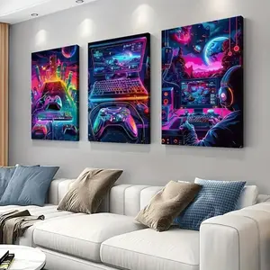 Optional Wooden Frame Neon Game Controller Gamepad E-sports Gaming Theme Modern Home Decor Canvas Wall Art Modern Cool Design