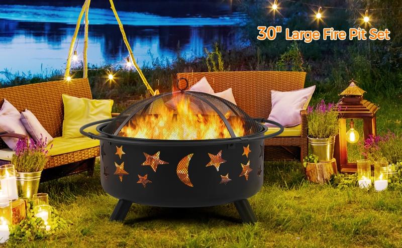 Yaheetech Outdoor Iron Fire Pit 36in/30in  Round Metal with Mesh Screen, Rain Cover, Spark Screen & Fire Poker, Oil-Rubbed Bronze Finish