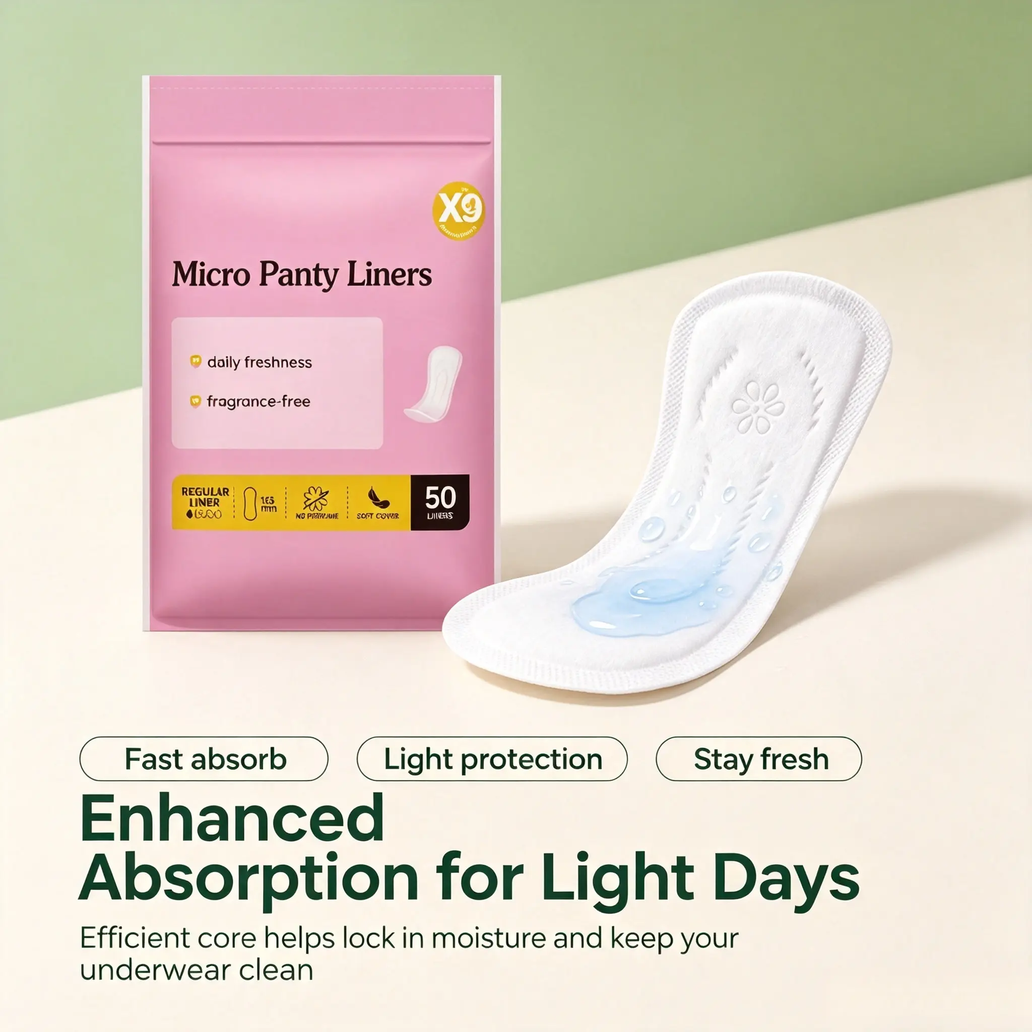 X9 Micro Panty Liners for Women, 155mm Daily Light Liners, Fragrance Free, 50 Count