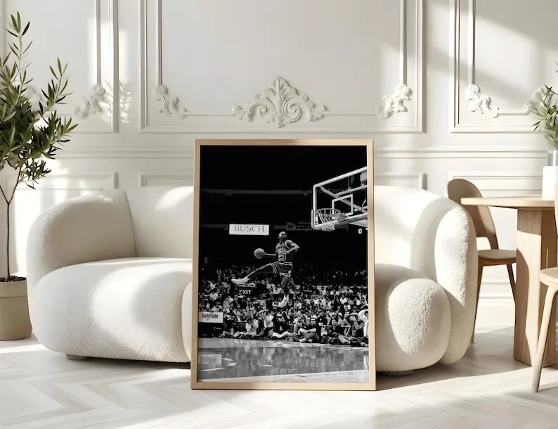 Michael Jordan Vintage Dunk Poster  Black White NBA Basketball Art Print