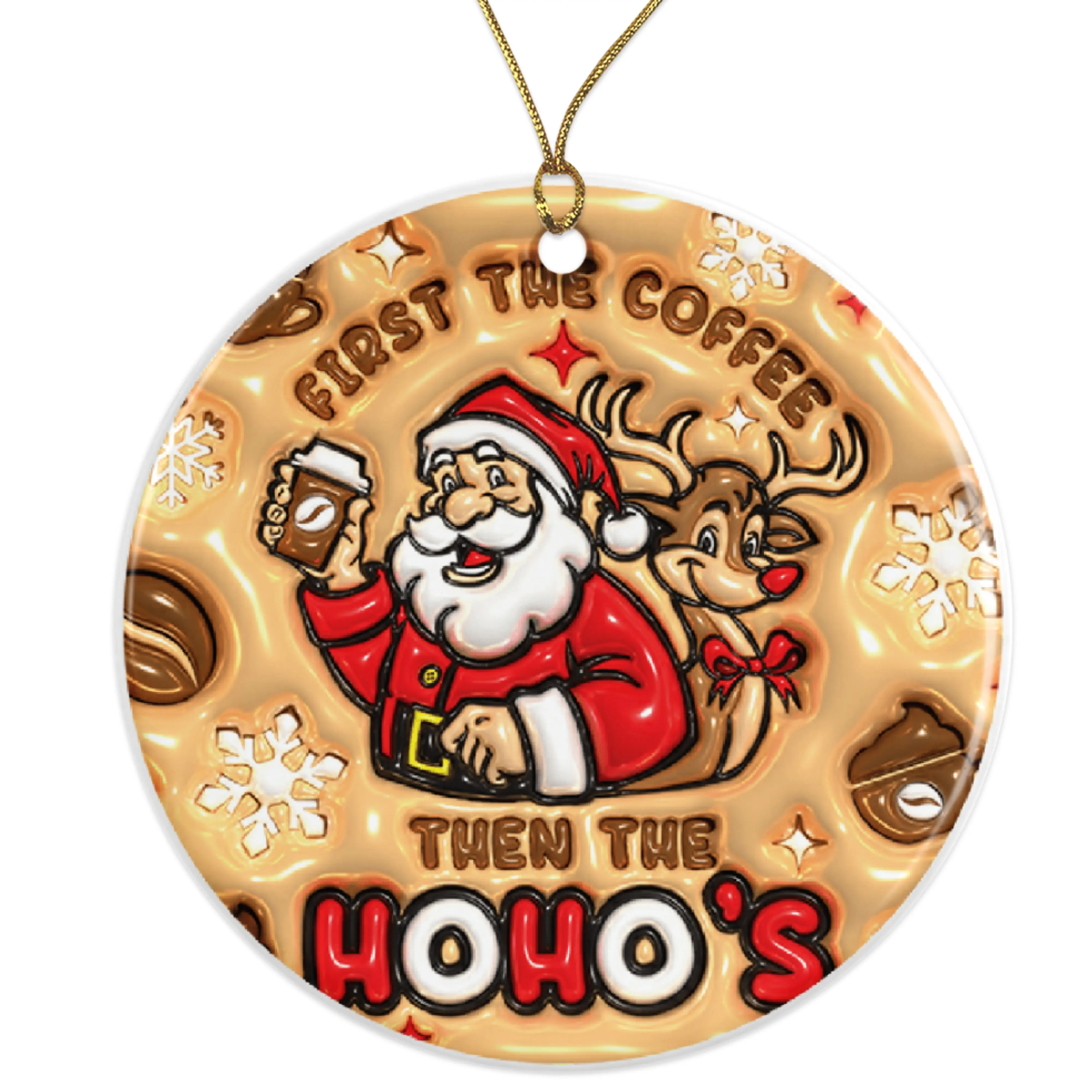Coffee Santa Ornament - Funny Christmas Ornament - Cute Santa Gift - First Coffee Ho Ho Ho - Holiday Decor - Christmas Tree Ornament Ceramic Ornament - 3 Inch Christmas Tree Round Ornament - Xmas Holiday Decor - String Included - ORNW0155