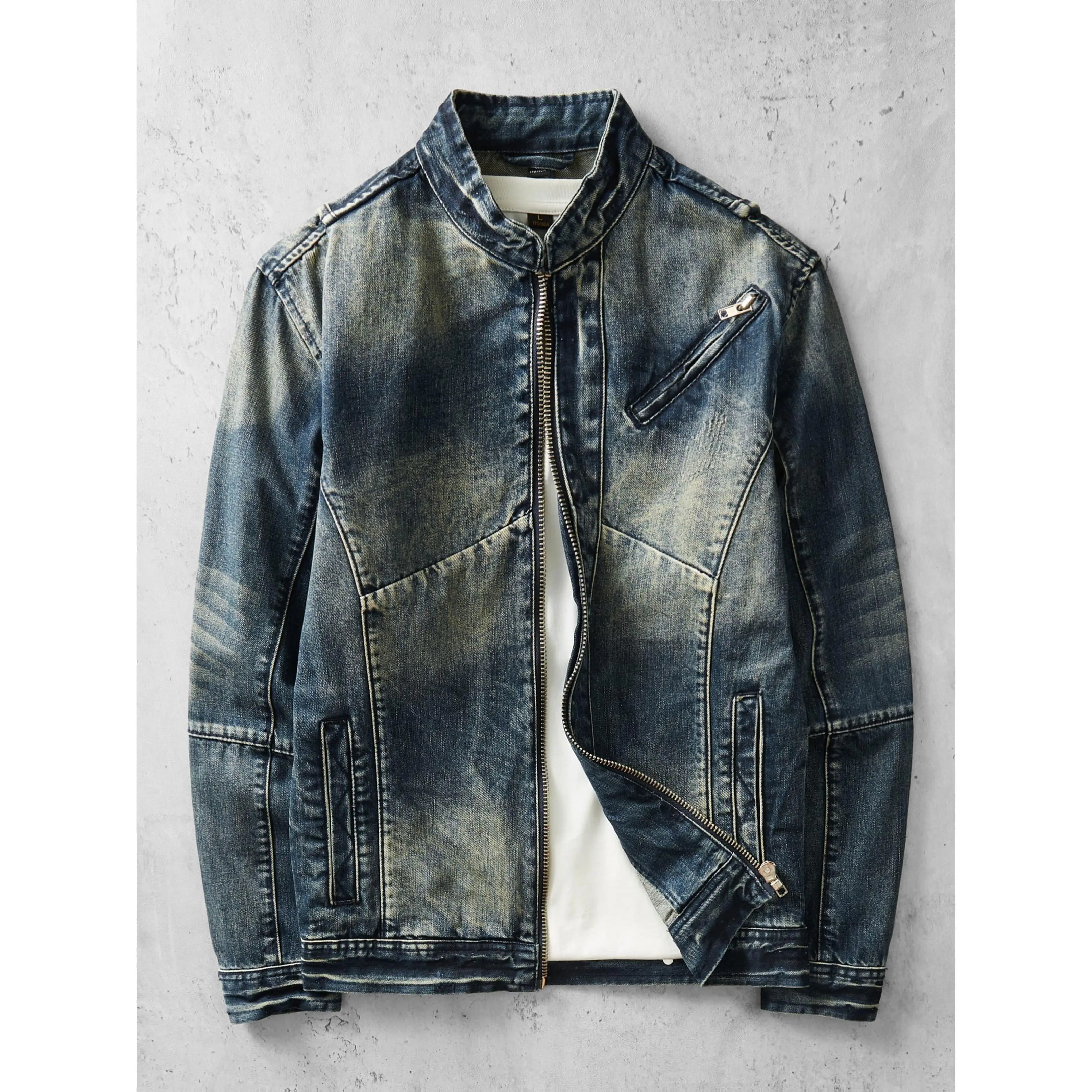 Men's Heavy-Duty Vintage Biker Jacket - Heavy Washed Blue/Dark Denim Slim-Fit Zip-Up Motorcycle Coat with Stand Collar & Workwear Patch Design, Jacket Clothes For Men, Casual Jacket For Men, Vintage Motorcycle Jacket, High Collar waterproof windproof